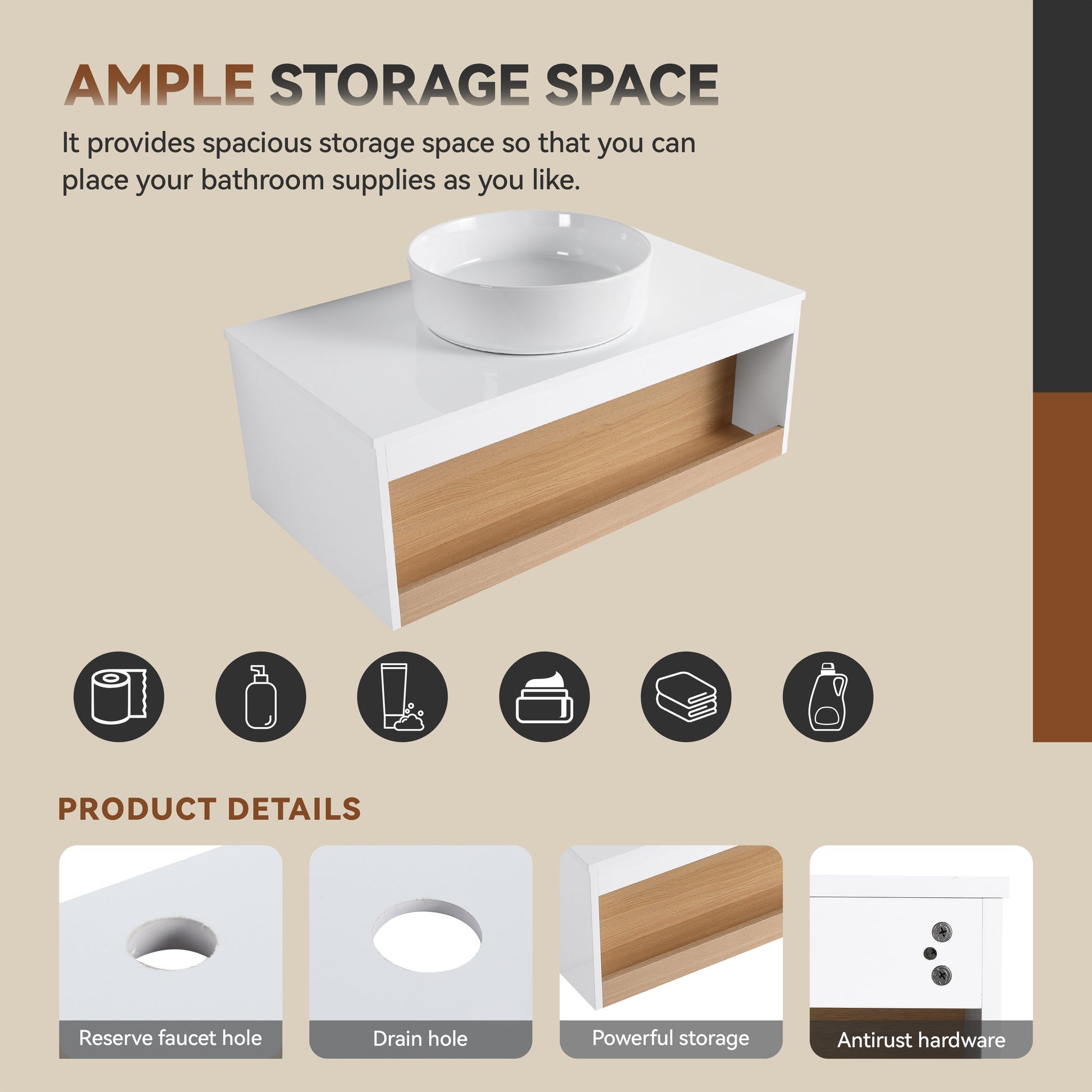36" Floating Bathroom Vanity with Glossy White Round Vessel Sink, Wall-Mounted Vanity with Open Shelf Storage, White Finish with Durable Countertop, Space-Saving Modern Design (Ships in 2 Boxes) image 5