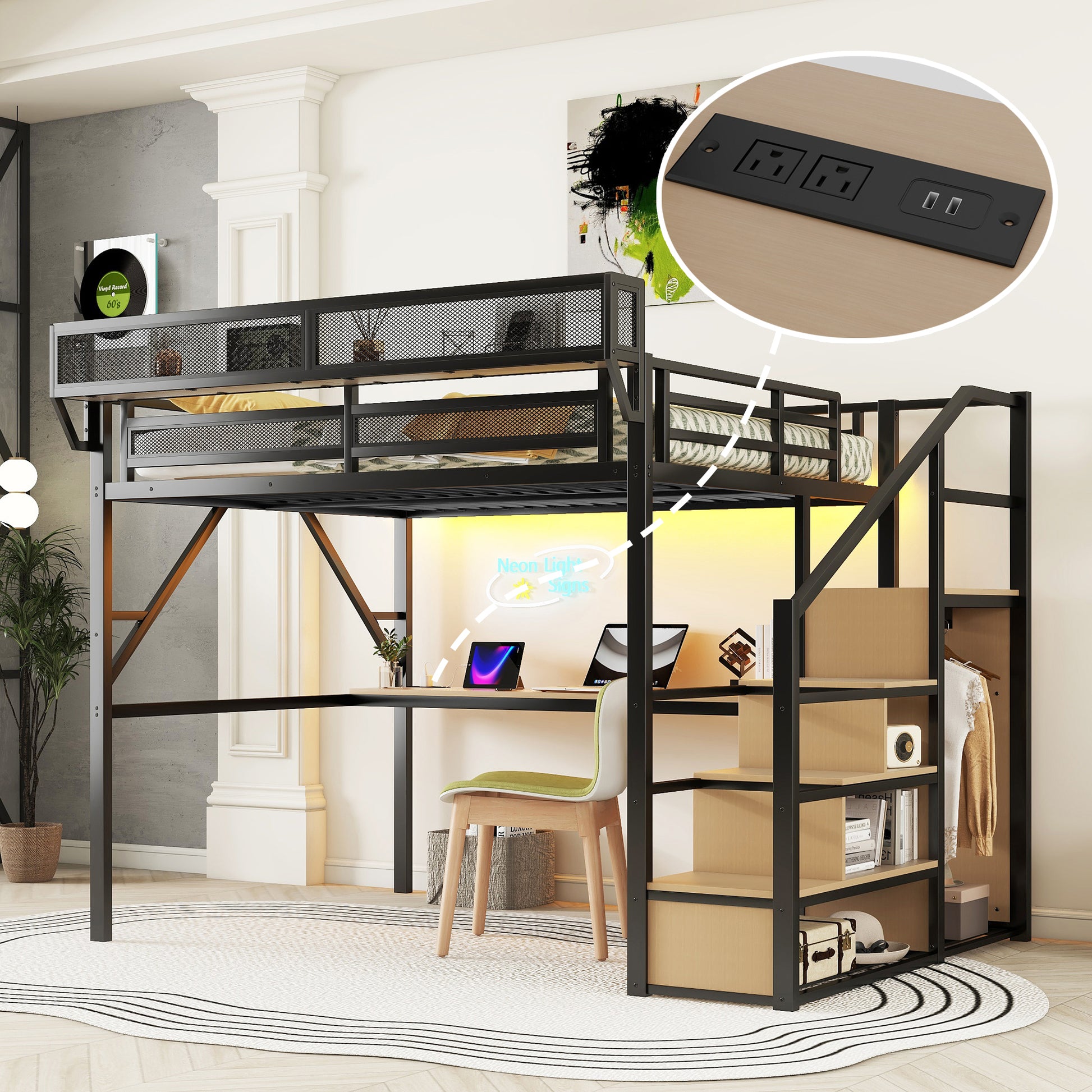 Queen Loft Bed with Desk and Charging Station, Queen Size Metal Loft Bed with Stairs and Light for Kids Teens, Black, Patent Products(OldSKU W2580S00044) image 1