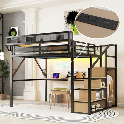 Queen Loft Bed with Desk and Charging Station, Queen Size Metal Loft Bed with Stairs and Light for Kids Teens, Black, Patent Products(OldSKU W2580S00044) image 1