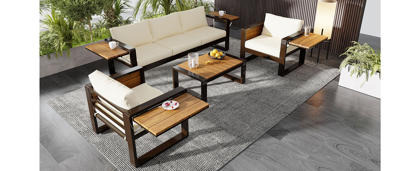 Aluminum Frame Large 4-Piece Outdoor Patio Furniture Set for 5 Person, 3-Seater Sofa, 2 Armchairs with Fold-Out Side Tables, Modern Garden/Patio Seating, All-Weather Use, Beige Cushions image 10