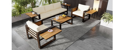 Aluminum Frame Large 4-Piece Outdoor Patio Furniture Set for 5 Person, 3-Seater Sofa, 2 Armchairs with Fold-Out Side Tables, Modern Garden/Patio Seating, All-Weather Use, Beige Cushions image 10