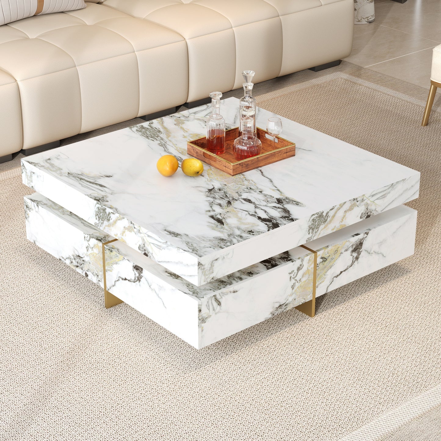 Modern Square Marble Textured Coffee table with 4 Drawers and Suspended Base, White, 43.3" image 1