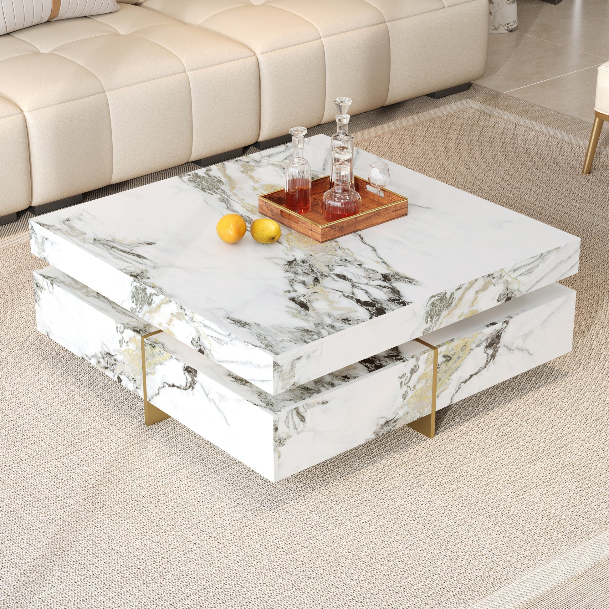 Modern Square Marble Textured Coffee table with 4 Drawers and Suspended Base, White, 43.3" image 1