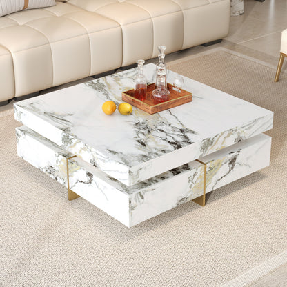Modern Square Marble Textured Coffee table with 4 Drawers and Suspended Base, White, 43.3" image 1