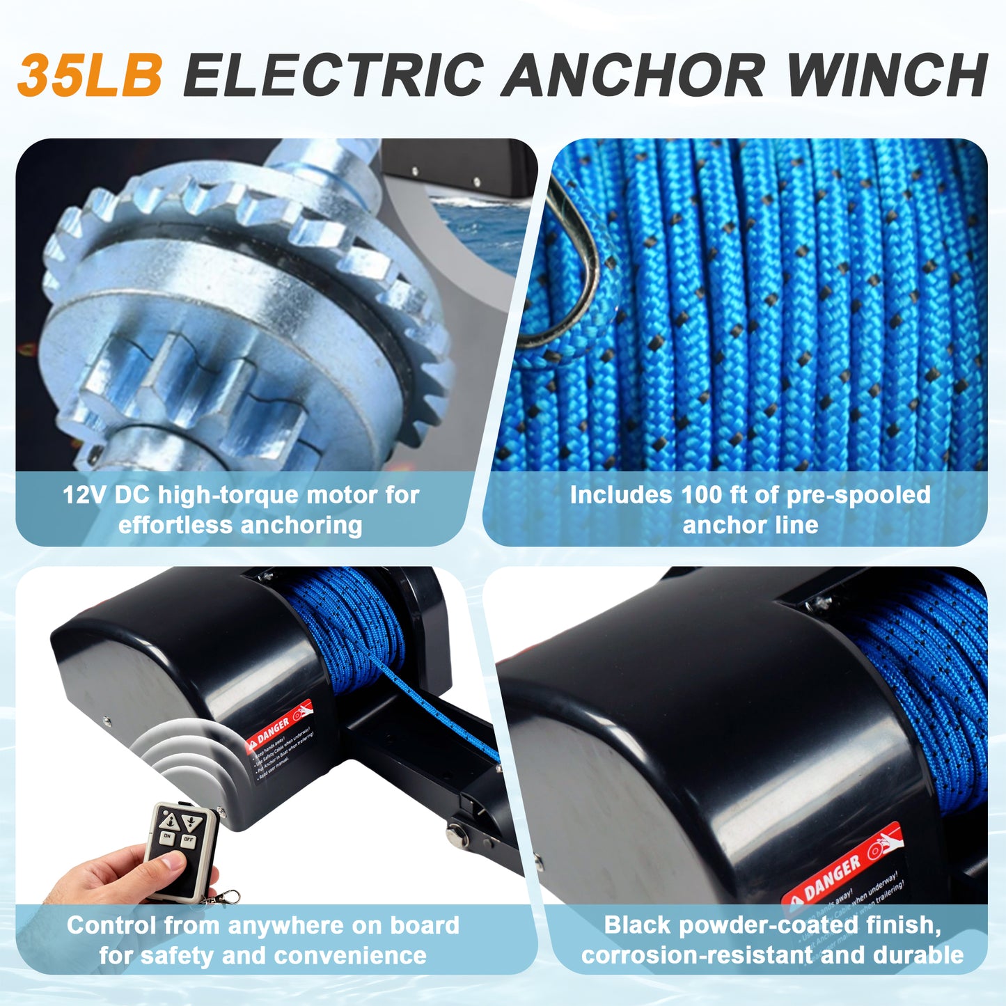 35 lbs Electric Anchor Winch 12V Marine Boat Windlass Kit - Heavy Duty Saltwater Towing Winches with Remote Control & 100ft Pre-Wound Rope - Complete Set for Speedboat, Fishing & Pontoon Boats (Black) image 4