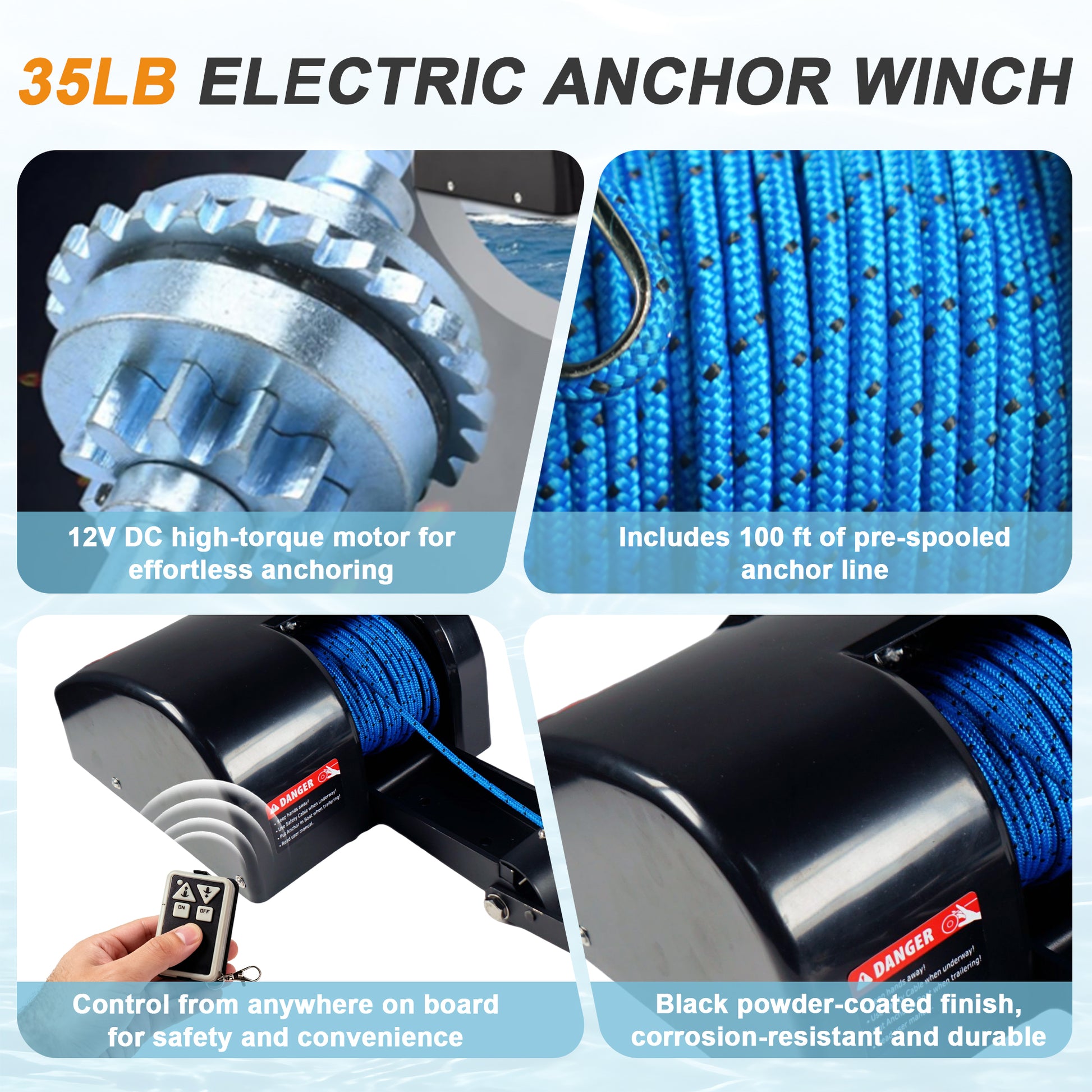 35 lbs Electric Anchor Winch 12V Marine Boat Windlass Kit - Heavy Duty Saltwater Towing Winches with Remote Control & 100ft Pre-Wound Rope - Complete Set for Speedboat, Fishing & Pontoon Boats (Black) image 4