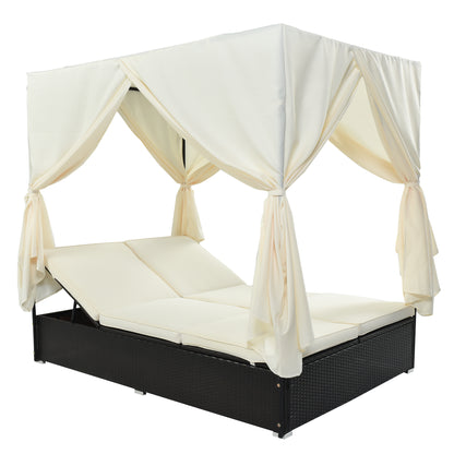 U_STYLE Outdoor Double Chaise Lounge Daybed with Curtains,Patio Outdoor Sunbed with Adjustable Backrest, Sturdy Steel Frame Loveseat Sofa for Backyard,Poolside, Terrace image 9