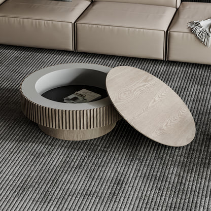 31.5'' Round Coffee Table with Storage Solid Wood Veneered Modern Coffee Table Accent Tea Table for Living Room, Bedroom, Apartment or Office, Grey image 1