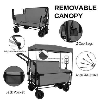 3-in-1 Folding Wagon Cart with Bench Seat & Canopy & Storage, 500lbs Heavy-Duty, 180L Capacity, All-Terrain Wagon for Camping, Beach, Sports, & Garden, Gray image 5