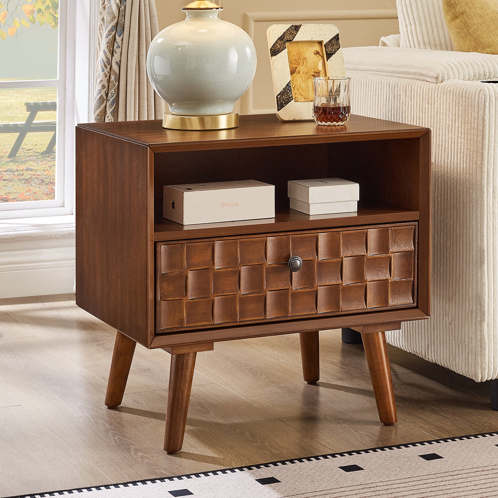 22" Mid-Century Modern Wood Nightstand with Carved Geometric Drawer Front, 1 Drawer and Open Shelf, Solid Wood Legs, Bedside Table for Bedroom image 1