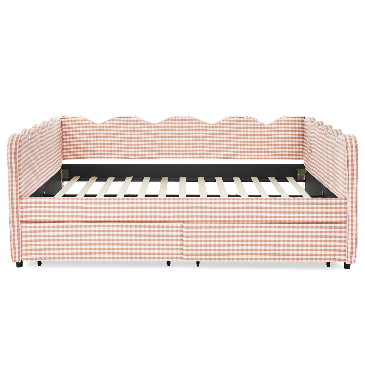 Queen Size Cozy Gingham Daybed with Two Storage Drawers, with USB Port and Adorable Wave Shaped, Linen Fabric image 9