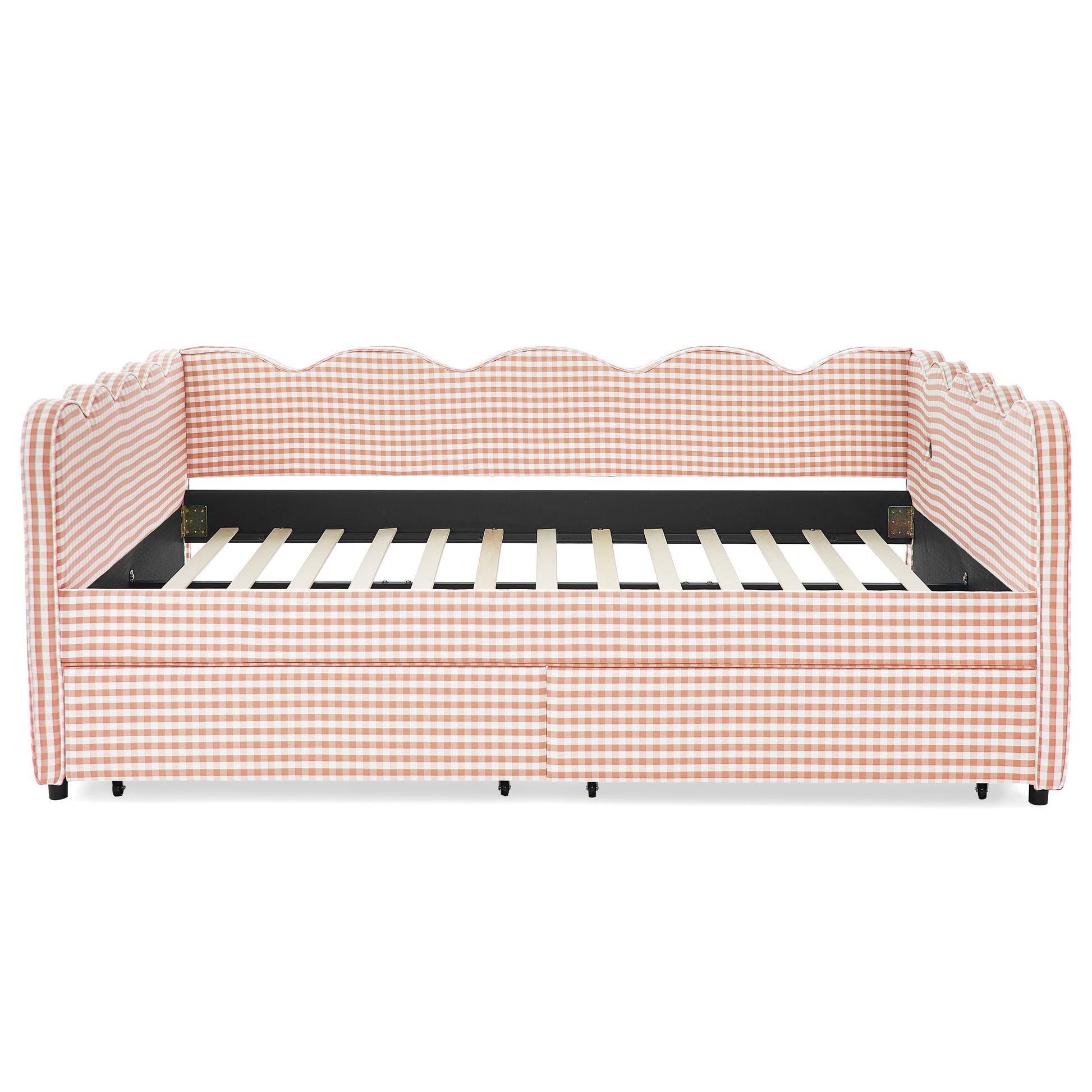 Queen Size Cozy Gingham Daybed with Two Storage Drawers, with USB Port and Adorable Wave Shaped, Linen Fabric image 9