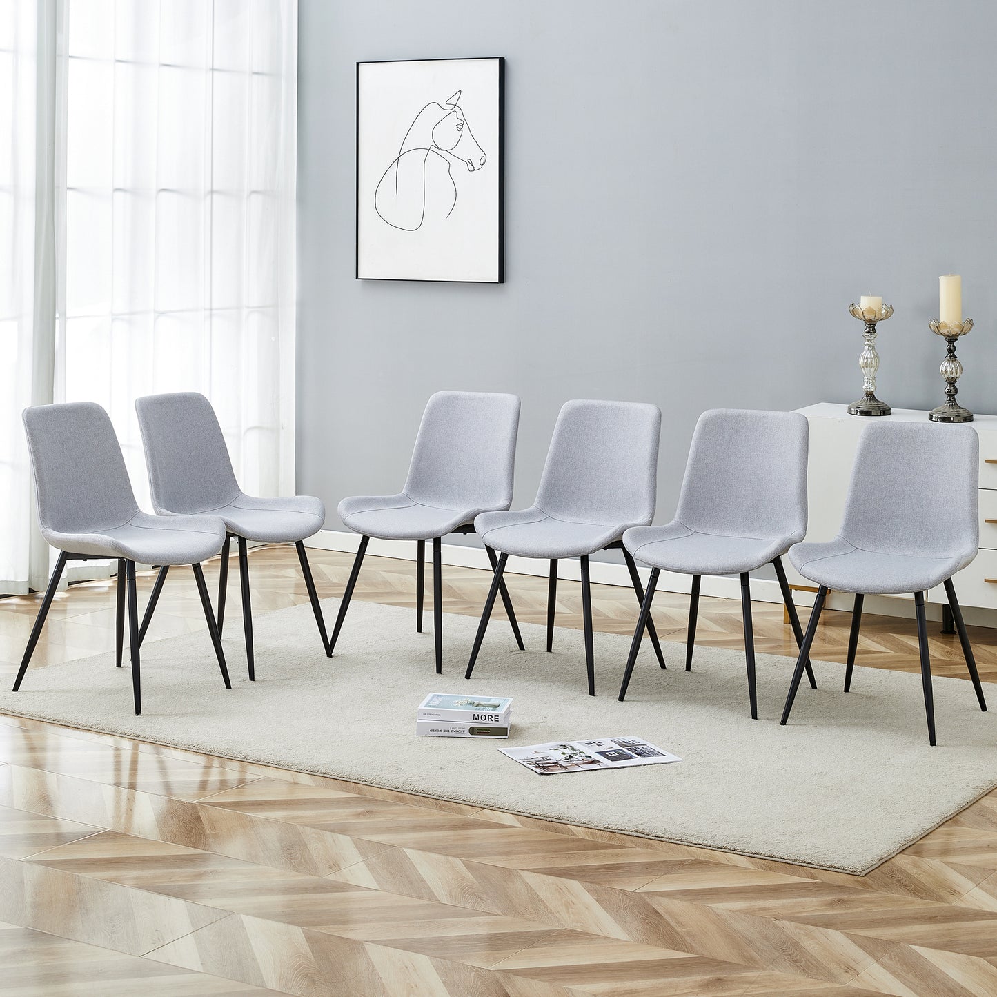 Comfortable Linen-Cotton Dining Chair Set - Six Pieces in Light Gray.Integrated Seat and Backrest,Linen-Cotton Material,Curved Widened Cushion Design For More Comfort. image 1
