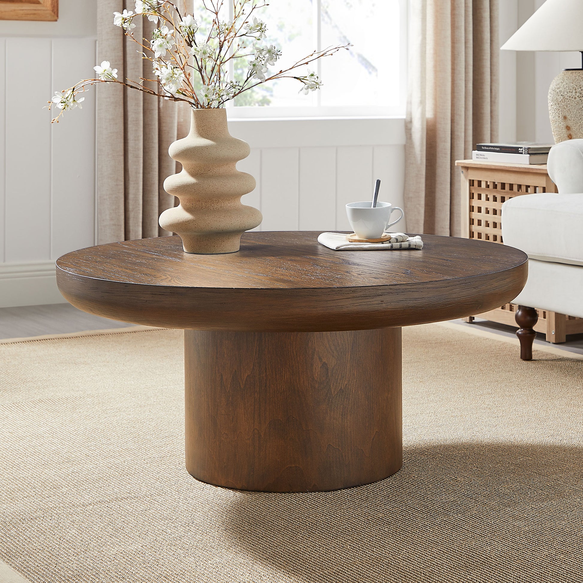 35.98inch Round Coffee Table with Cylindrical Leg,Wood Veneer Tabletop Table,Rounded Sofa Side Table for living Room Office,Brown image 6