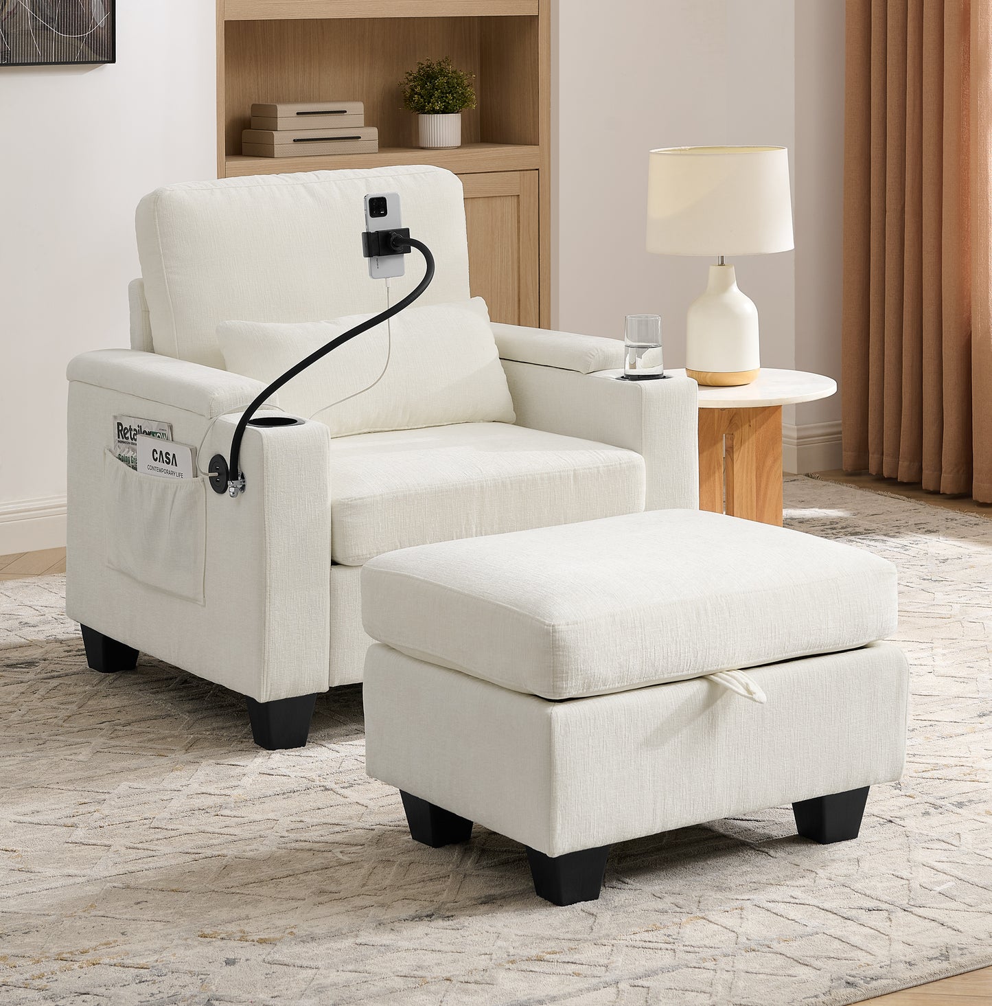 Single sofa recliner with manually adjustable backrest, USB charging port on the armrest side, phone stand included, hidden armrest storage, and a matching storage ottoman-Beige image 1