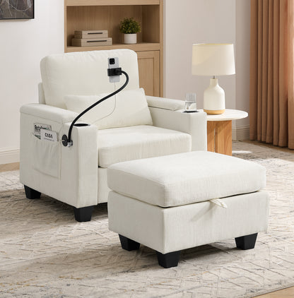 Single sofa recliner with manually adjustable backrest, USB charging port on the armrest side, phone stand included, hidden armrest storage, and a matching storage ottoman-Beige image 1