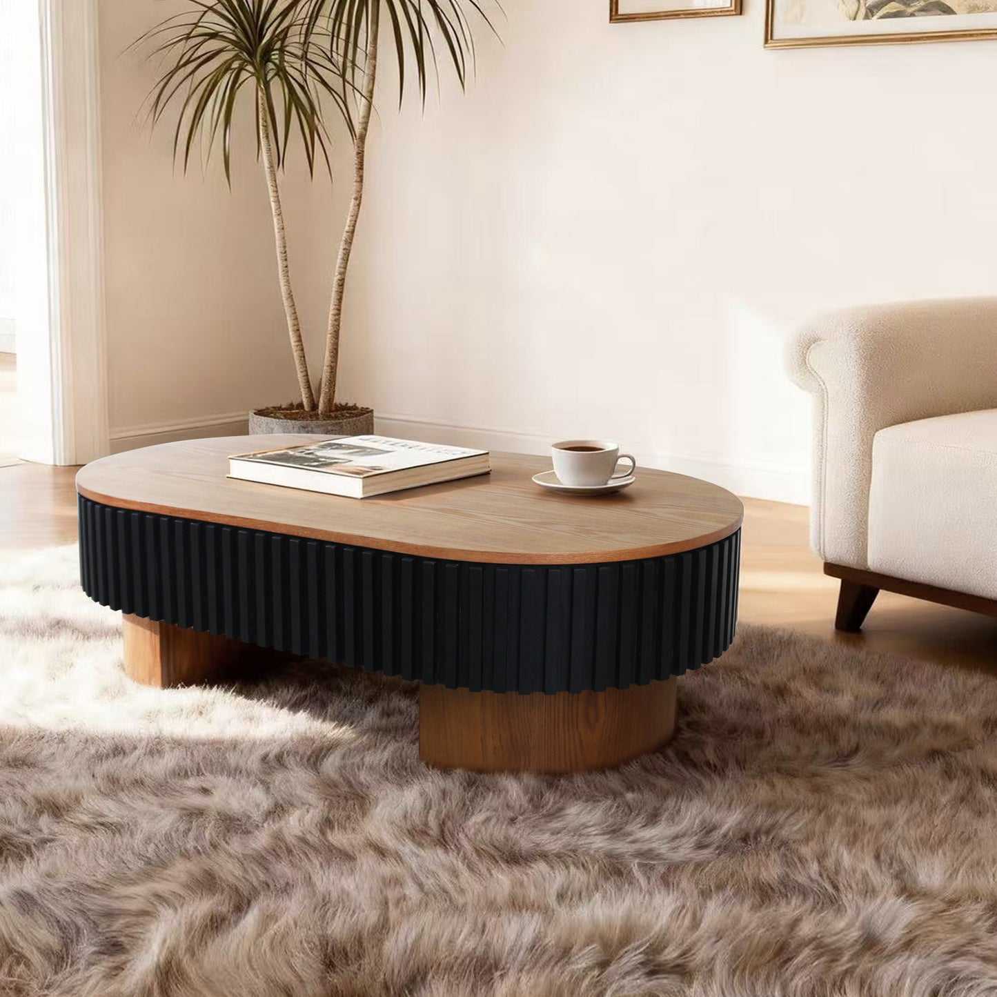 43.7" Oval Coffee Table With Hidden Storage,Fluted Modern Minimalist Wood Coffee Table for Living Room, Oval Center Table, Walnut + Black. image 11