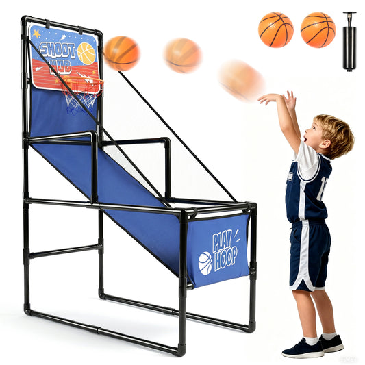 Kids Single Shot Basketball Arcade Game - full view of indoor basketball hoop with ball return ramp