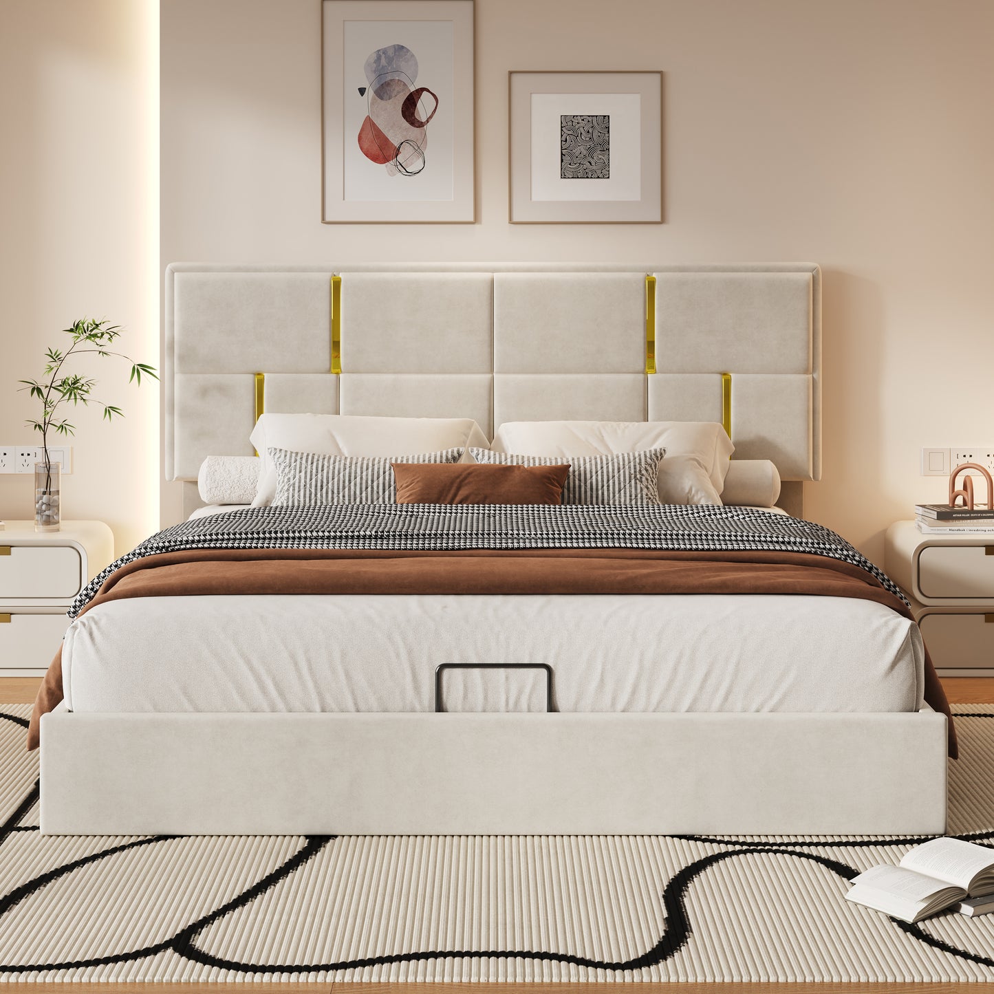 Queen Size Upholstered Platform Bed with Hydraulic Storage System,No Box Spring Needed,Beige(Old SKU: N733P207778A) image 3