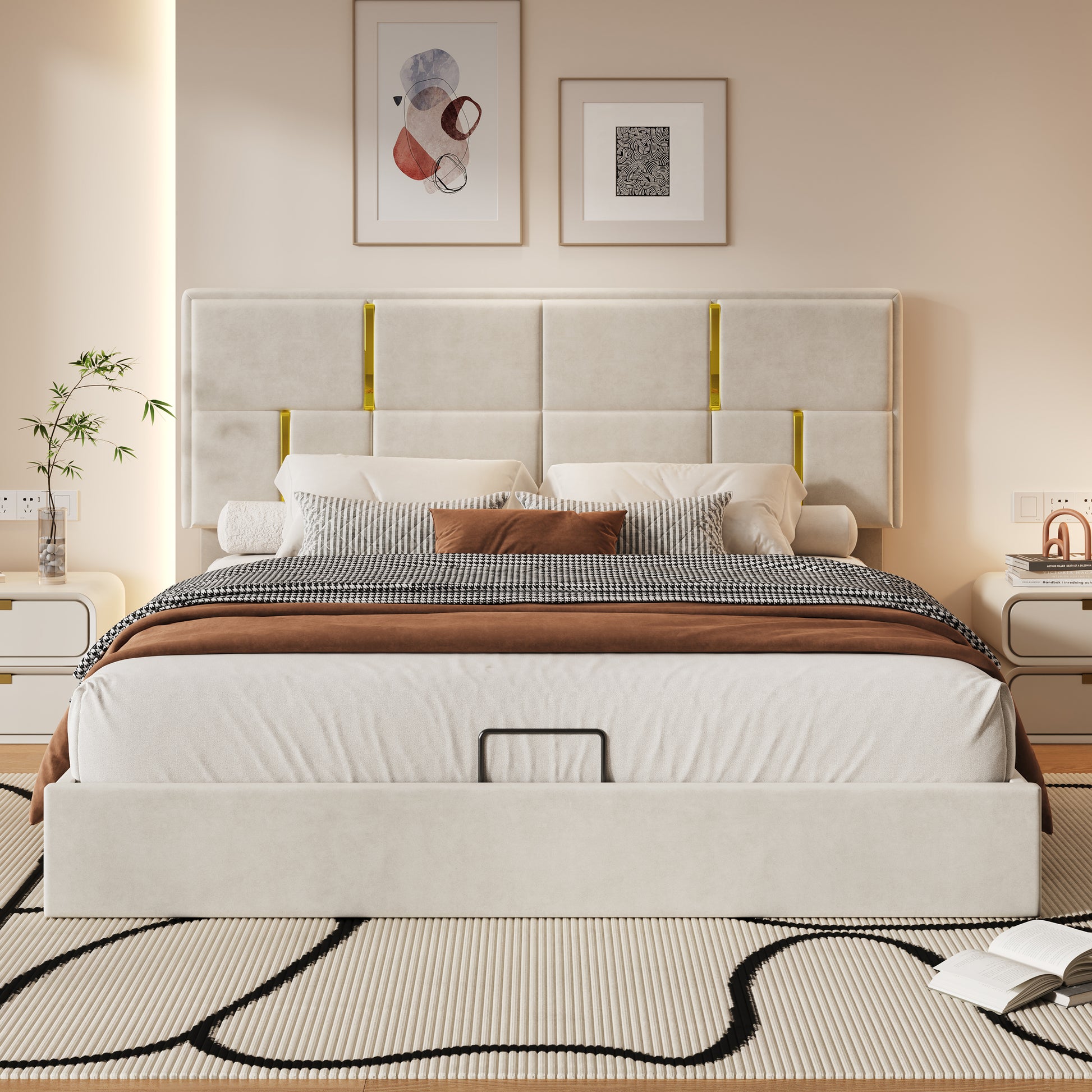 Queen Size Upholstered Platform Bed with Hydraulic Storage System,No Box Spring Needed,Beige(Old SKU: N733P207778A) image 3