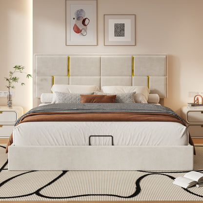 Queen Size Upholstered Platform Bed with Hydraulic Storage System,No Box Spring Needed,Beige(Old SKU: N733P207778A) image 3