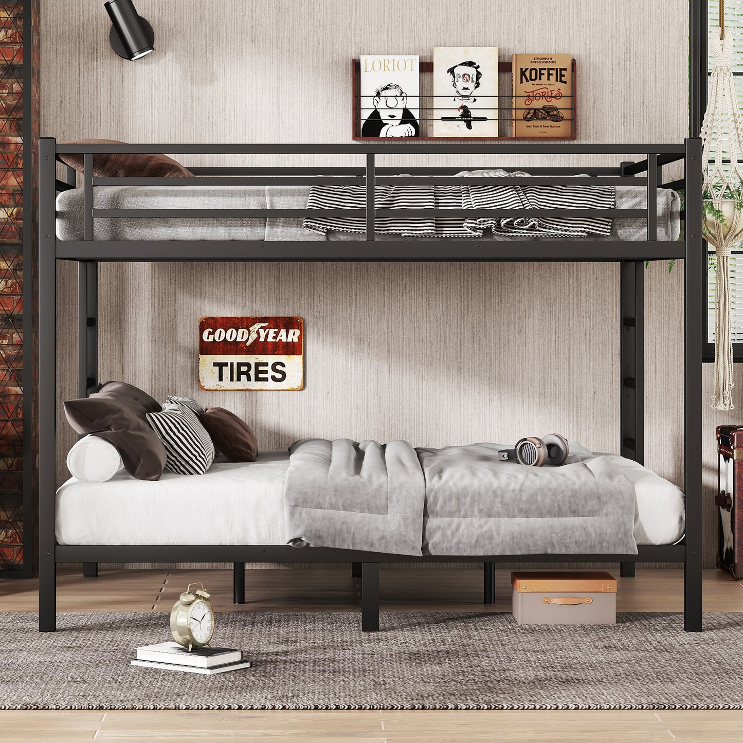Metal Queen over Queen Bunk Bed for Teens and Adults,Space-Saving/Noise Reduced/No Box Spring Needed, Black image 2