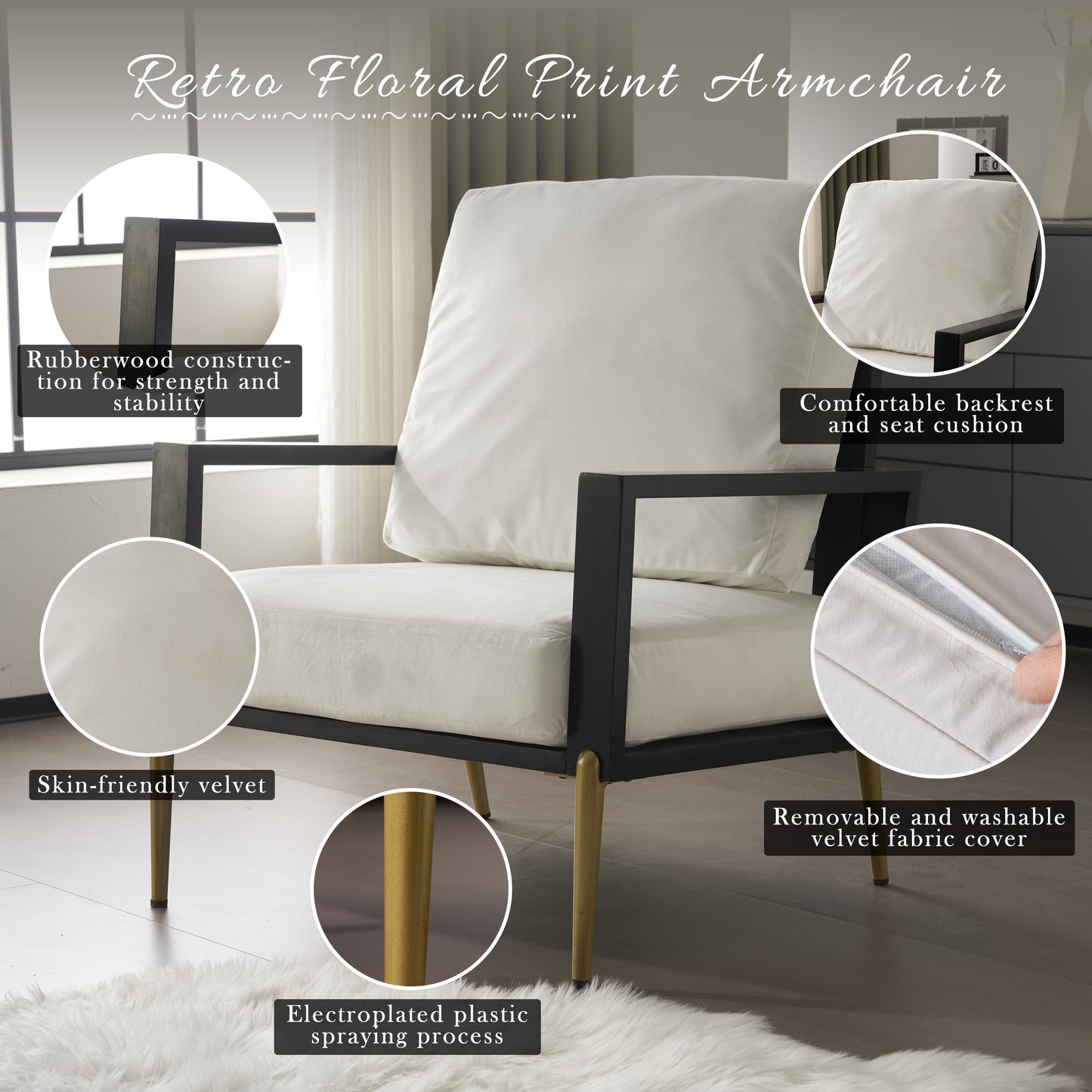 Upholstered Accent Chair, Velvet Lounge Arm Chair with Solid Wood Frame, Living Room Chairs with Metal Legs for Reading Chair for Balcony, Living Room and Bedroom, White image 2