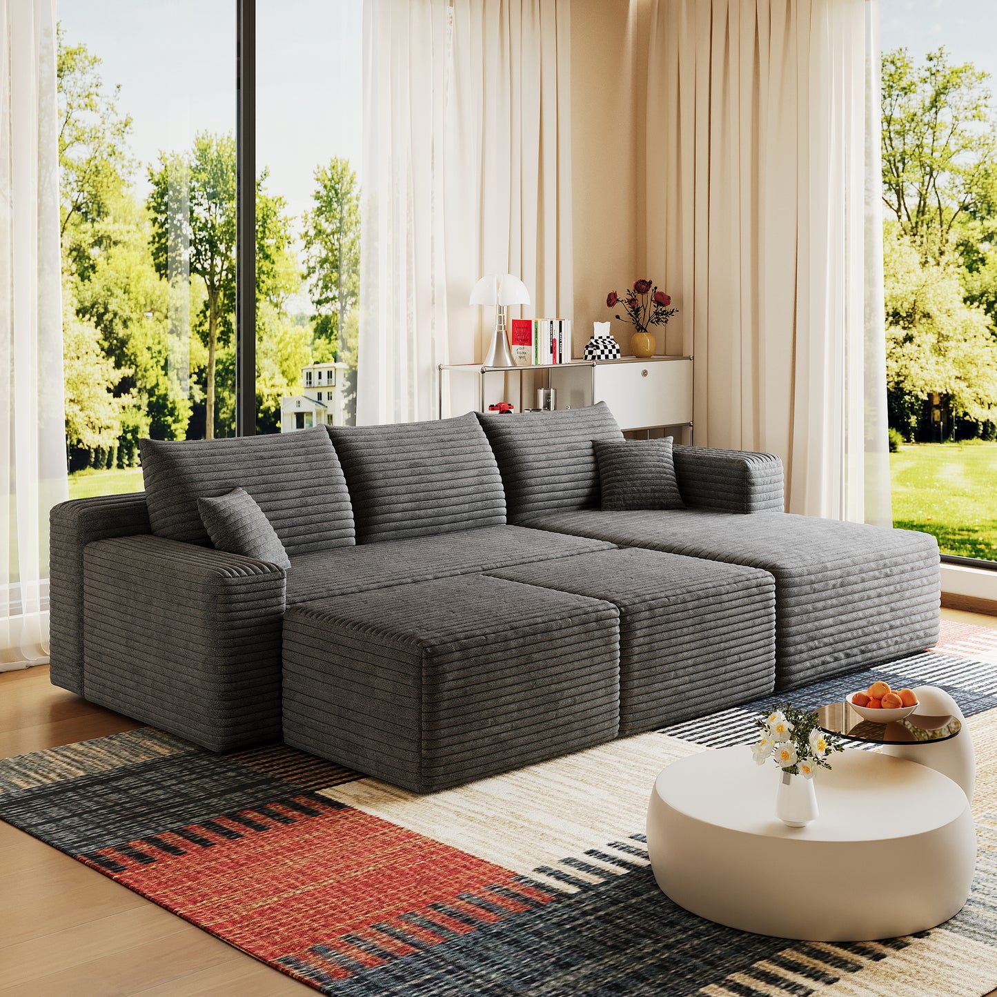 95" Cloud Sectional Sofa with 2 Ottoman,Modern Minimalist Upholstered Couches, Comfort U Shaped Sofa for Living Room,Deep Seat Corner Couch,No Assembly Required,Dark Grey(Plush Corduroy Fabric) image 4
