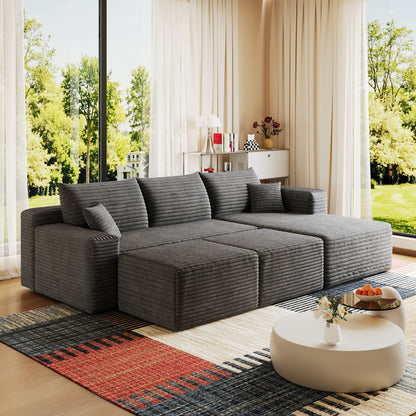 95" Cloud Sectional Sofa with 2 Ottoman,Modern Minimalist Upholstered Couches, Comfort U Shaped Sofa for Living Room,Deep Seat Corner Couch,No Assembly Required,Dark Grey(Plush Corduroy Fabric) image 4