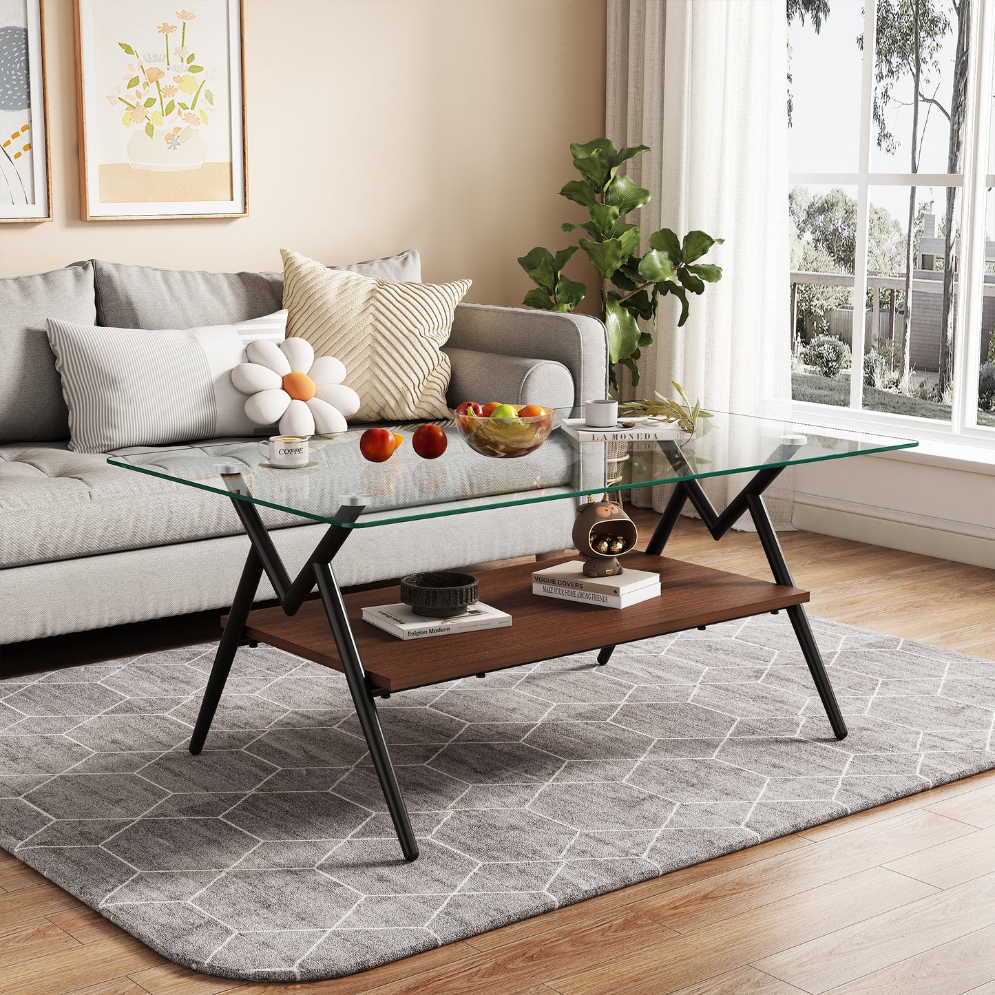 Rectangle Coffee Table with Tempered Glass top and Black Metal Legs, Modern Table for Living Room, Transparent Glass image 5