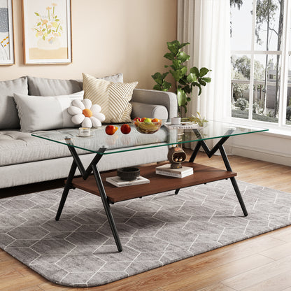 Rectangle Coffee Table with Tempered Glass top and Black Metal Legs, Modern Table for Living Room, Transparent Glass image 5