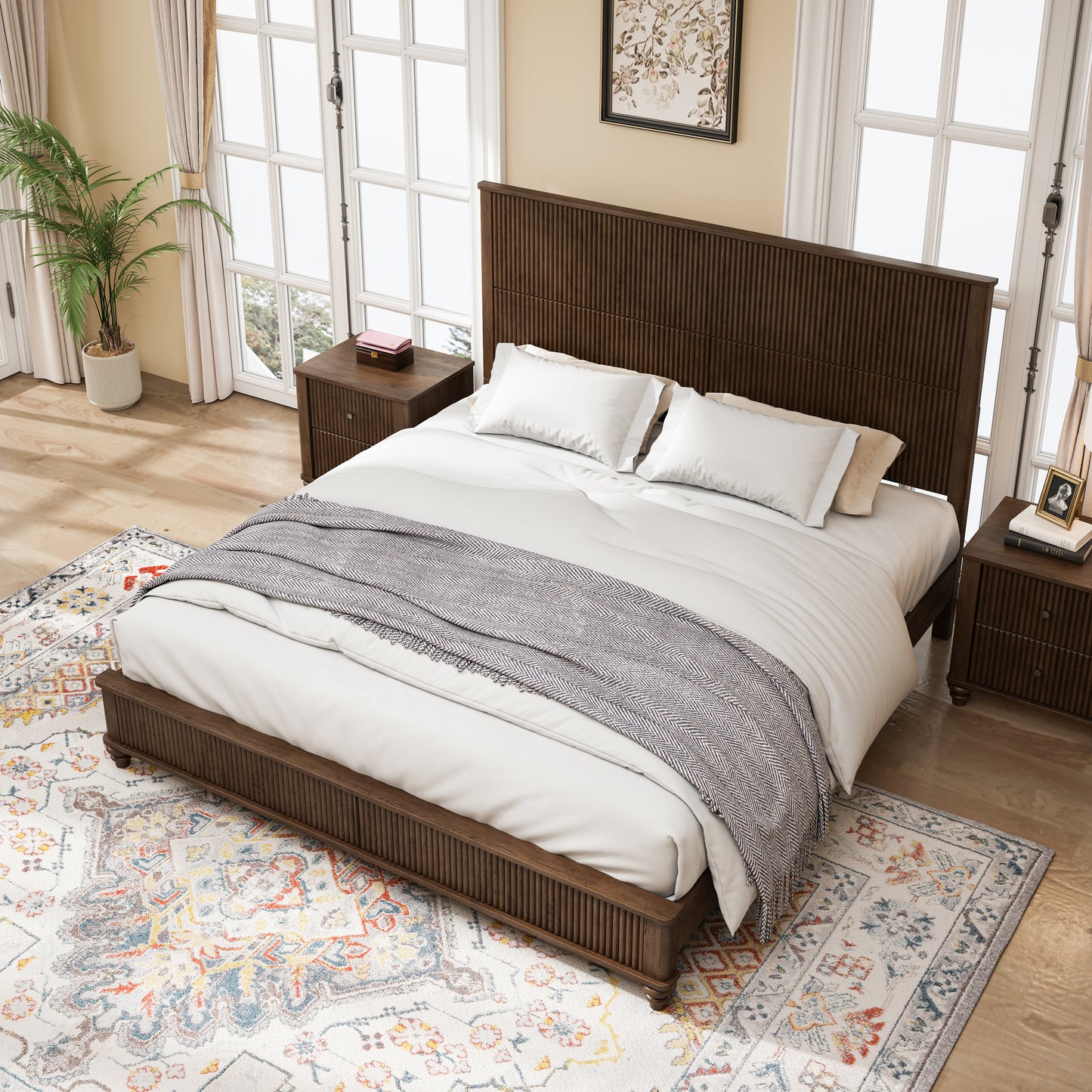 Solid Wood Bed Frame,King Platform Bed Frame with Headboard,Tall Headboard Natural Wood Bed,No Box Spring Needed,Walnut image 3