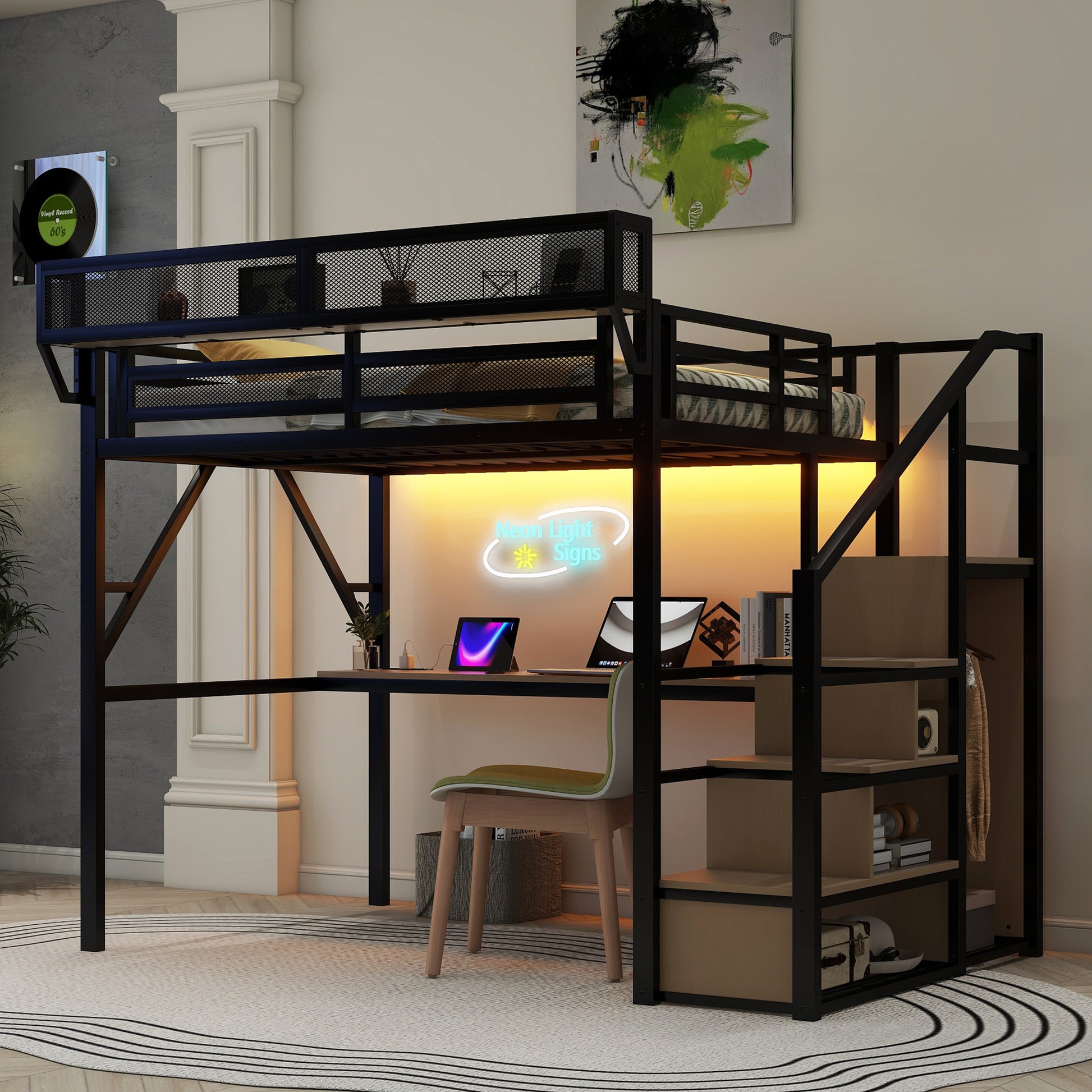 Full Loft Bed with Desk and Charging Station, Full Size Metal Loft Bed with Stairs and Light for Kids Teens, Black, Patent Products image 3