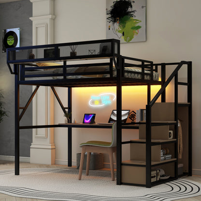 Full Loft Bed with Desk and Charging Station, Full Size Metal Loft Bed with Stairs and Light for Kids Teens, Black, Patent Products image 3