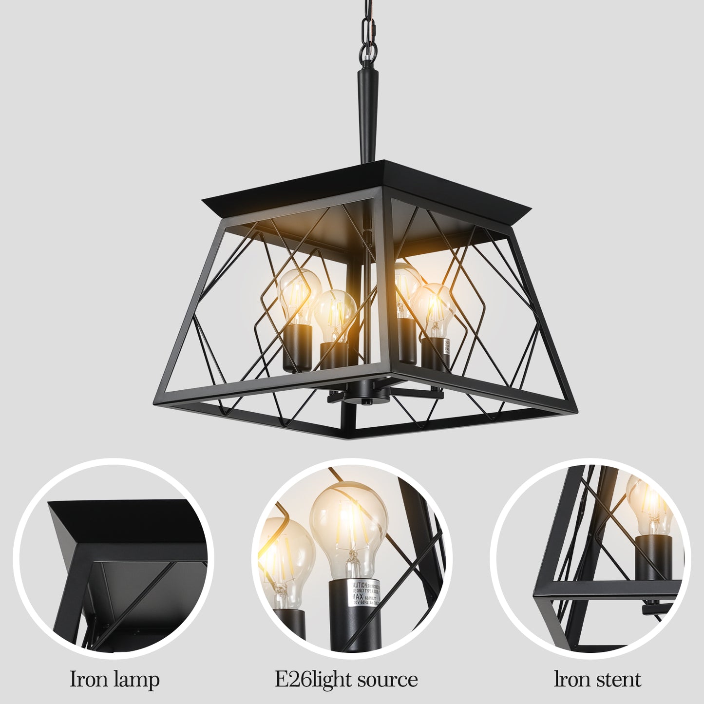 16" Black Industrial 4-Light Pendant Chandelier, Modern Metal Cage Design, Adjustable Hanging Light for Dining Room, Kitchen, Living Room (No Bulbs) image 7