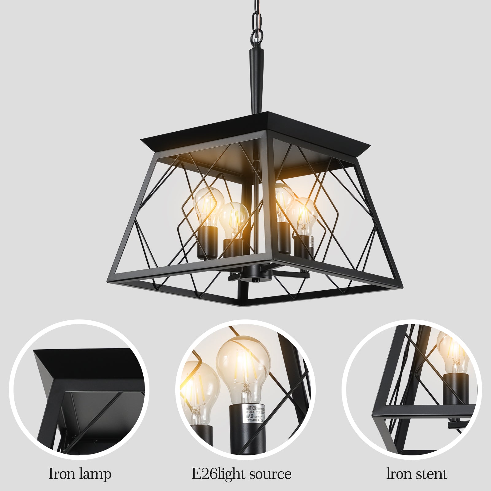16" Black Industrial 4-Light Pendant Chandelier, Modern Metal Cage Design, Adjustable Hanging Light for Dining Room, Kitchen, Living Room (No Bulbs) image 7
