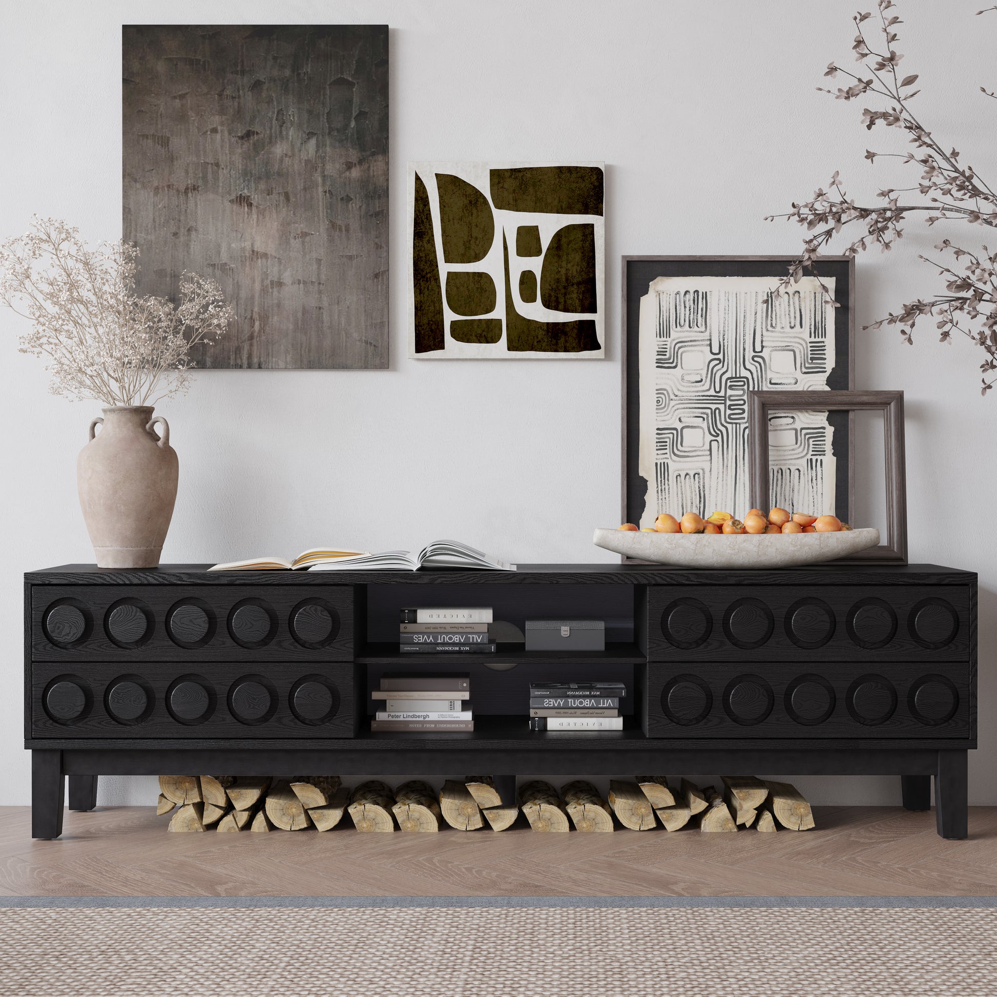 Modern Mid-Century Media Console with 4 Drawers and Cable Management, TV Console Table for TVs up to 75",Entertainment Center for Living Room and Office(Black) image 5