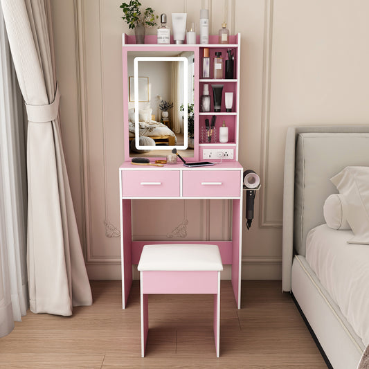 Small Makeup Vanity Desk with Mirror & Adjustable LED Lights,Built-in Power Outlet & Hidden Storage, Includes padded stool & Shelf,Space-Saving Dressing Table for Small Bedrooms,Pink image 1