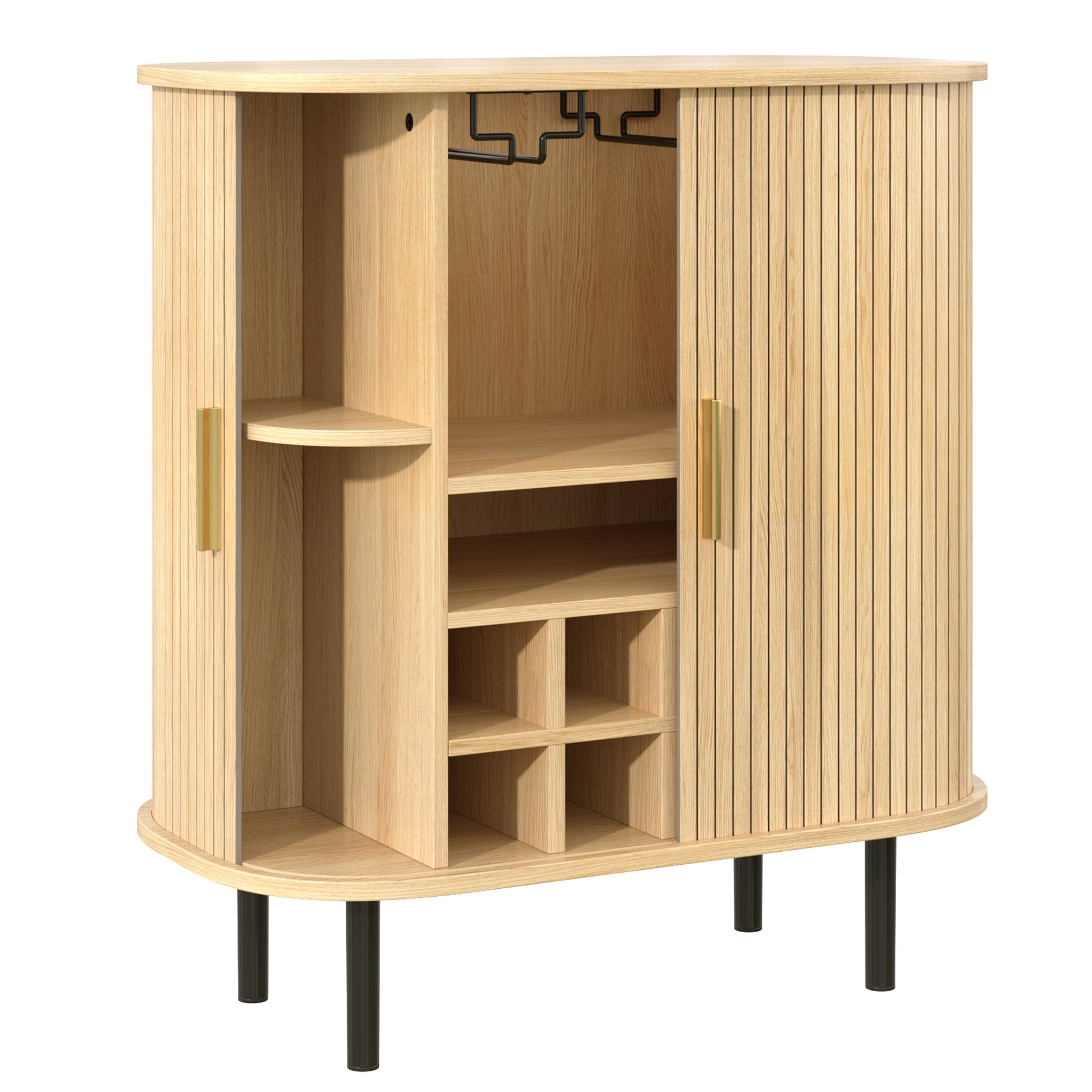 28" Fluted Wine Bar Cabinet with 8-Grid Wine Rack, 5-Level Adjustable Shelves, 2 Glass Holders, Smoothly Sliding Tambour Doors, 4 Hidden Storage Space on the Side,Modern Liquor Coffee Station, Natural image 4