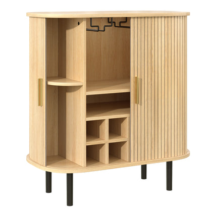 28" Fluted Wine Bar Cabinet with 8-Grid Wine Rack, 5-Level Adjustable Shelves, 2 Glass Holders, Smoothly Sliding Tambour Doors, 4 Hidden Storage Space on the Side,Modern Liquor Coffee Station, Natural image 4