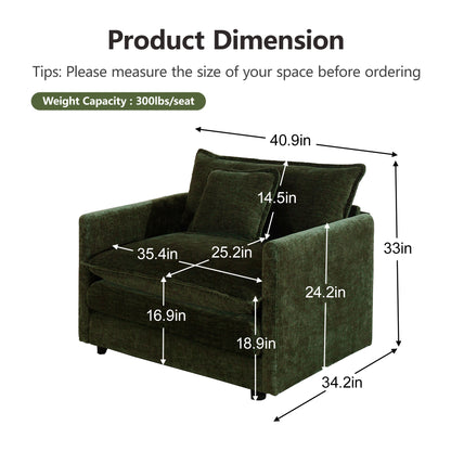 Comfy Deep Single Seat Sofa Upholstered Reading Armchair Living Room Chair Green Chenille Fabric, 1 Toss Pillow image 5