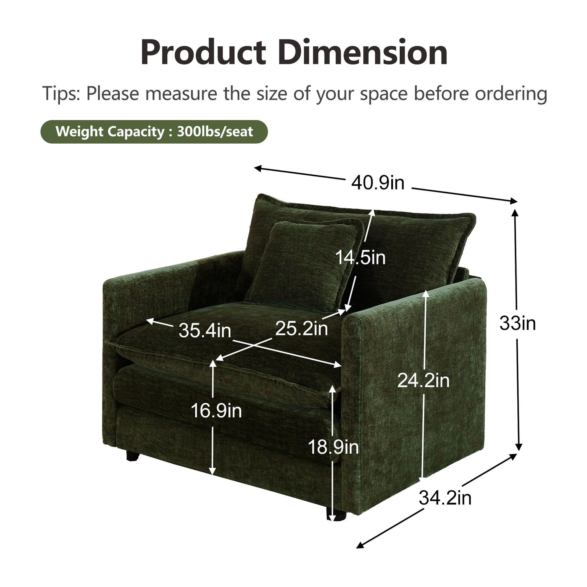 Accent Chair Set of 2, High-end Chenille Upholstered Armchairs, Living Room Side Chairs with Toss Pillow, Green Chenille image 5