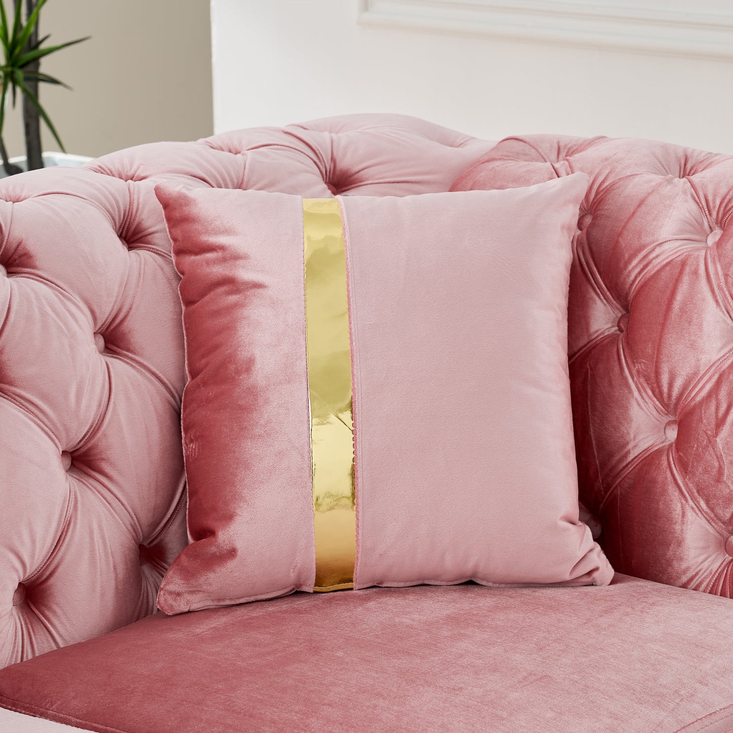 106 Inches L-Shaped Chesterfield Sectional Sofa Set with Gold Stainless Steel Accents, Velvet Button Tufted Sofa with 5 Pillows Luxury Couch for Living Room, Pink image 7