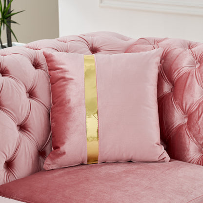 106 Inches L-Shaped Chesterfield Sectional Sofa Set with Gold Stainless Steel Accents, Velvet Button Tufted Sofa with 5 Pillows Luxury Couch for Living Room, Pink image 7