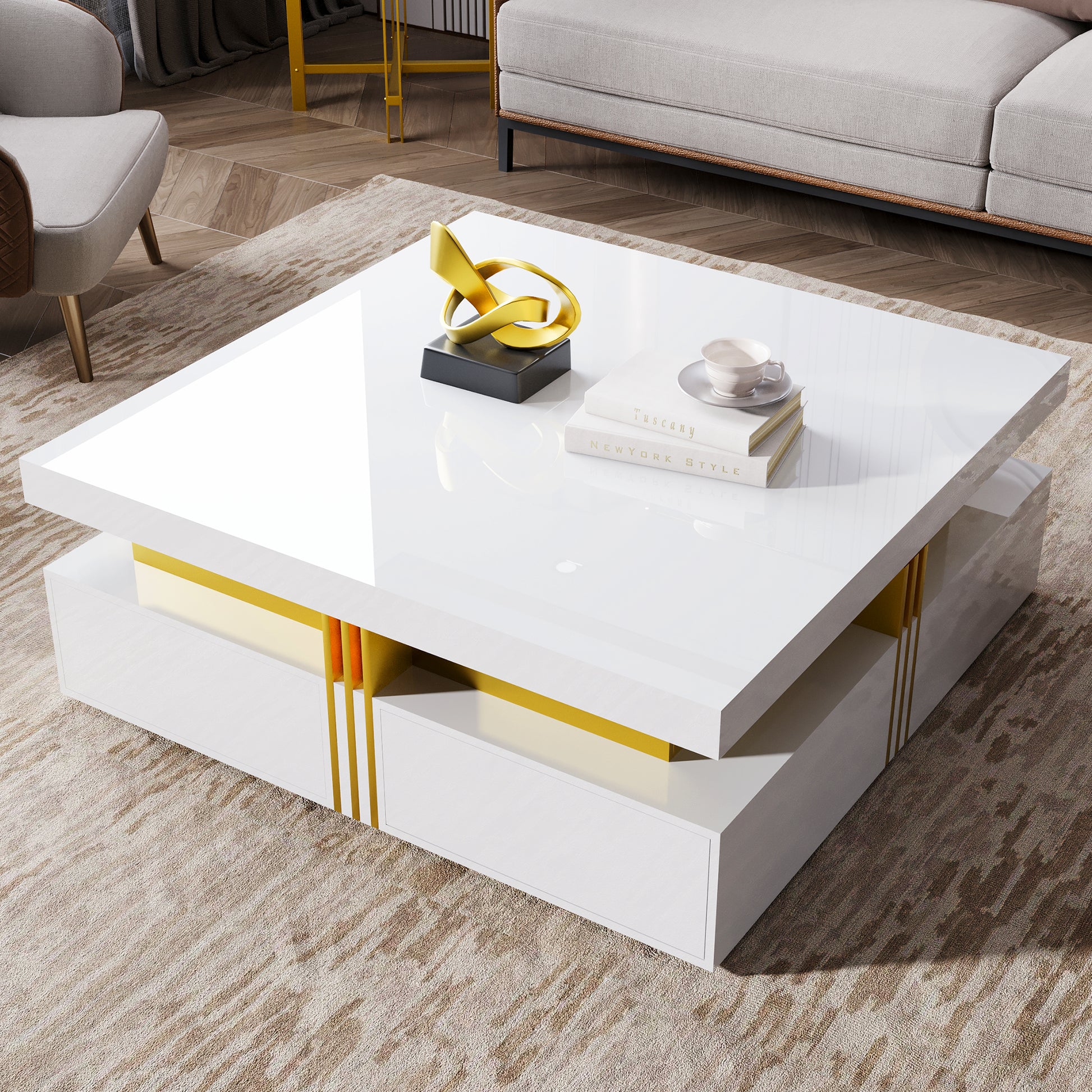 Modern Glossy Square Storage Coffee Table with 4 Drawers, 43.3", White image 5