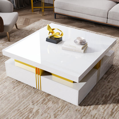 Modern Glossy Square Storage Coffee Table with 4 Drawers, 43.3", White image 5