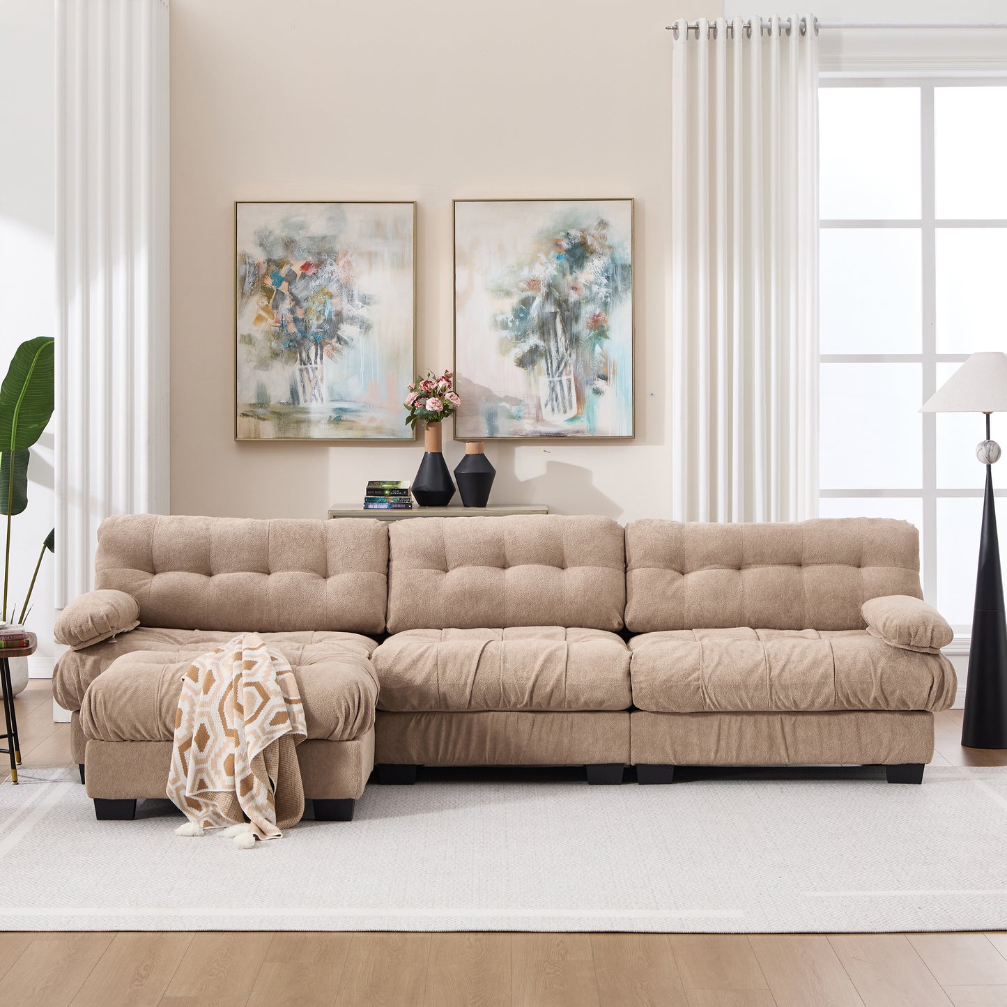 Modular Sectional Sofa,Cloud Couch, L Shaped Couch with Movable Ottoman, Modern Deep Seat Couches for Living Room, Oversized 3-Seater Sofa Comfy advanced flannelette Sofas for Bedroom,5 Pillows image 2