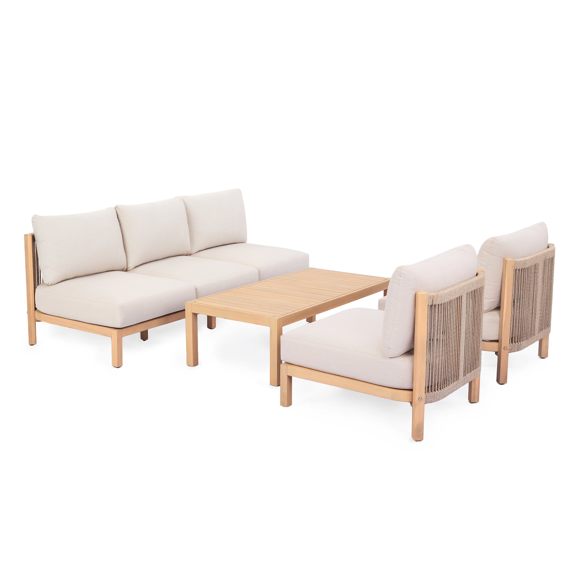 4 Piece Set Acacia wood Outdoor Sofa Set, outdoor rope-woven chair, deep seat design with soft cushion, suitable for porches, gardens, backyards, and balconies (Light Teak + Beige Rope + Beige Cushion image 4