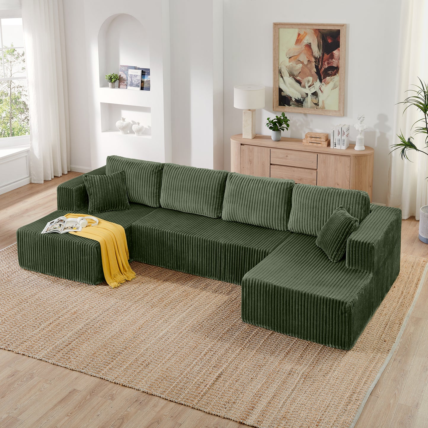 U shape Modular Sectional Sofa, Compressed Sectional Sofa Modern Minimalist Style Corduroy Couch, Sleeper Sofa for Living Room, Bedroom, Comfy Compressed Sofa Couch Space-Efficient Design-green image 2