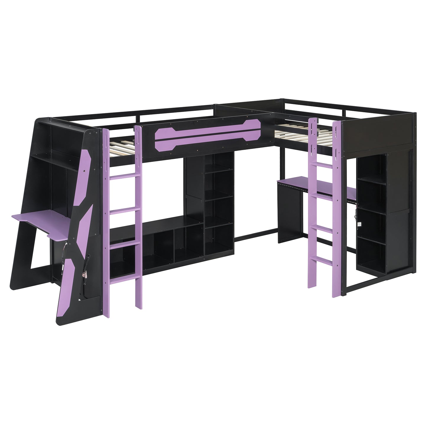 L-Shaped Wooden twin Size Gaming Bed Frame with RGB LED Lights, Dual twin Beds, USB Ports, TV Stand & Storage Shelves, Reversible Layout, Space-Saving Wood Loft Bed for Teens & Adults-Purple image 10